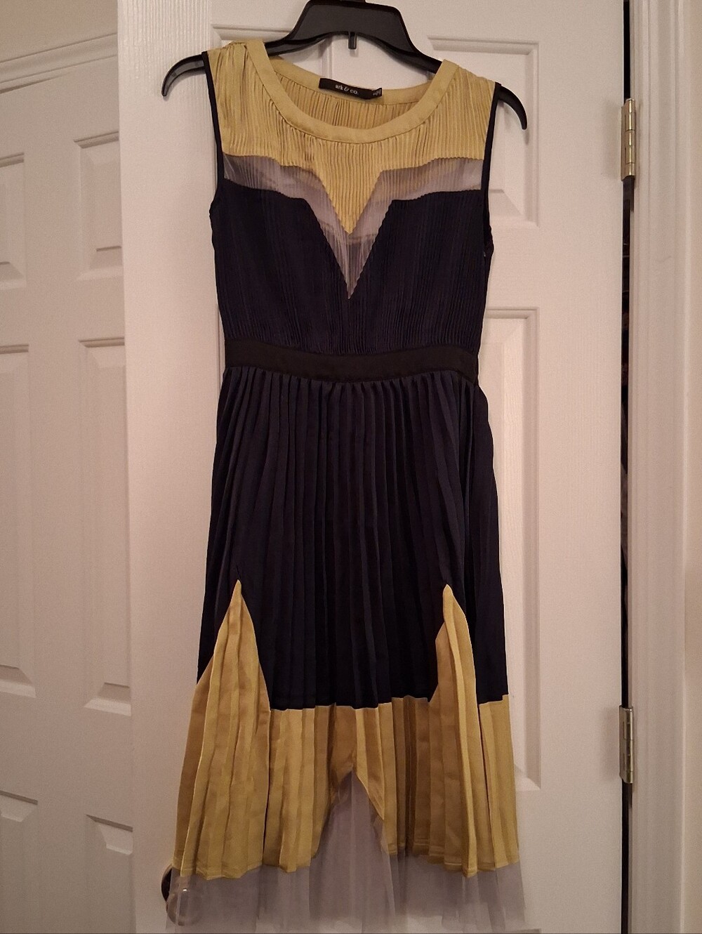 Pleated Colorblock Sleeveless Dress in Black and Gold